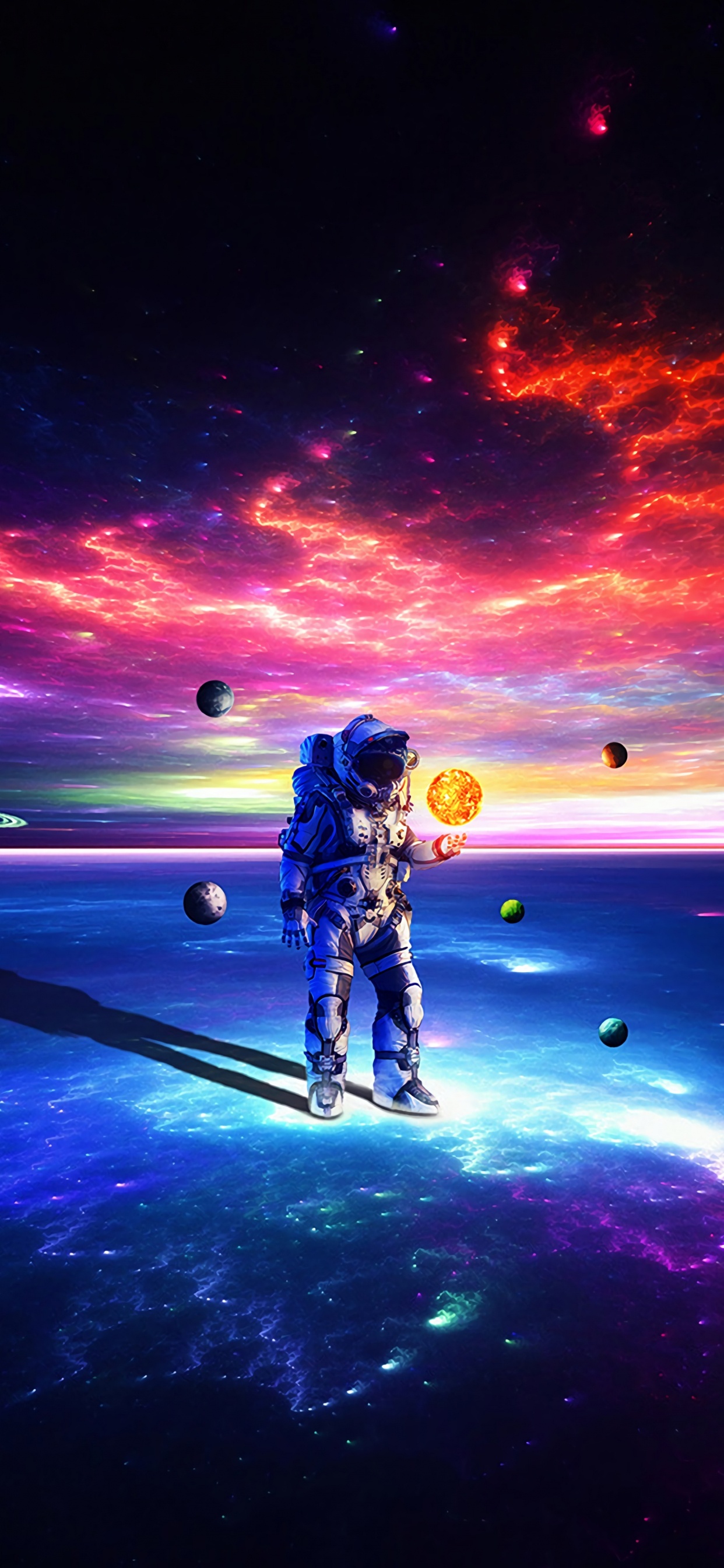 Обои астронавт, космическое пространство, свет, горизонт, пурпур в разрешении 1242x2688