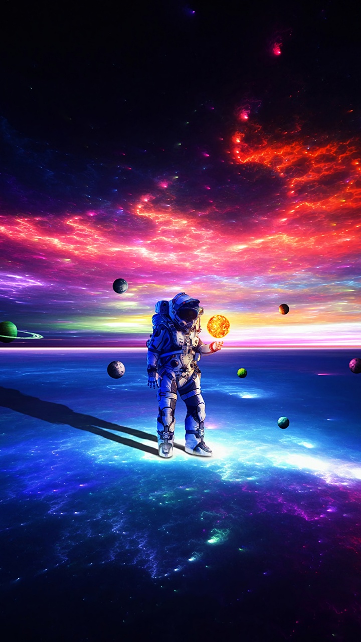 Обои астронавт, космическое пространство, свет, горизонт, пурпур в разрешении 720x1280