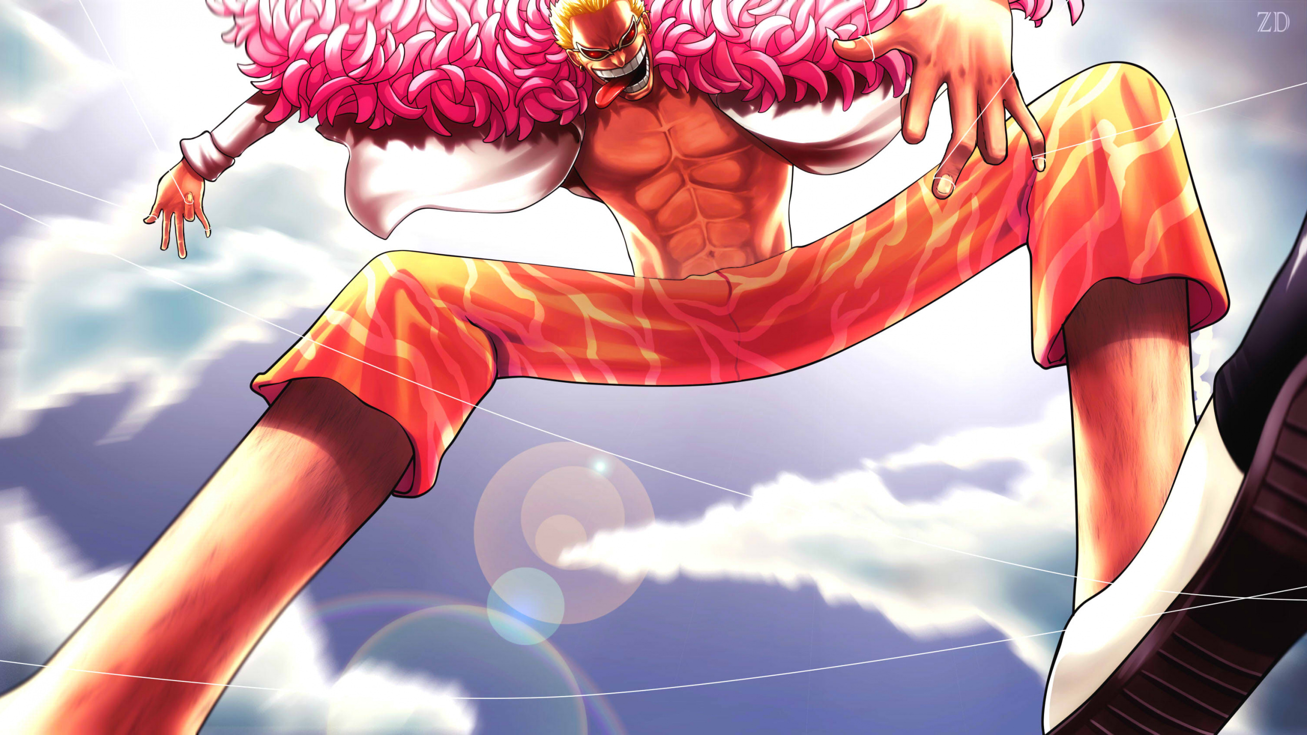 Обои Donquixote Doflamingo, мультфильм, аниме, мышца, Трафальгар Д Водное Право в разрешении 2560x1440