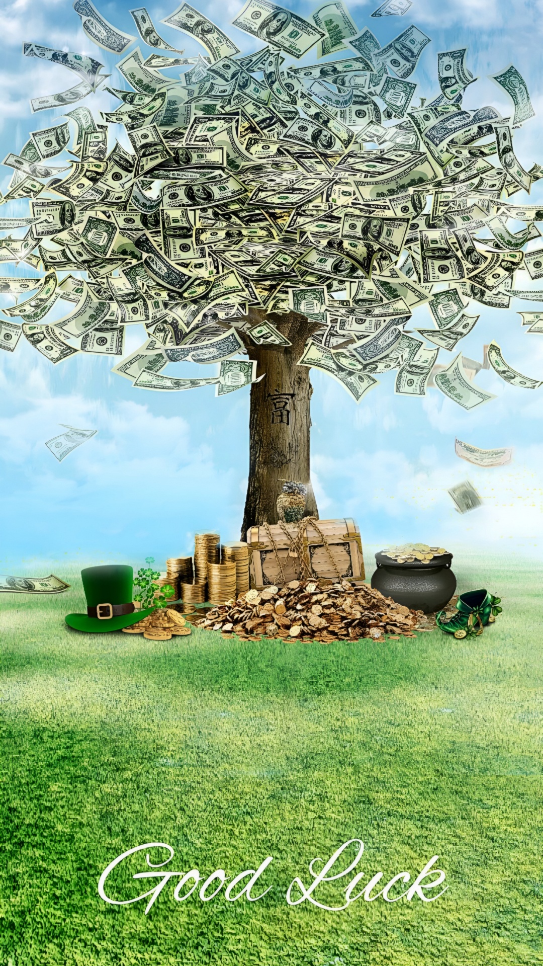 Обои дерево, золото, деньги, удача, мотивация в разрешении 1080x1920