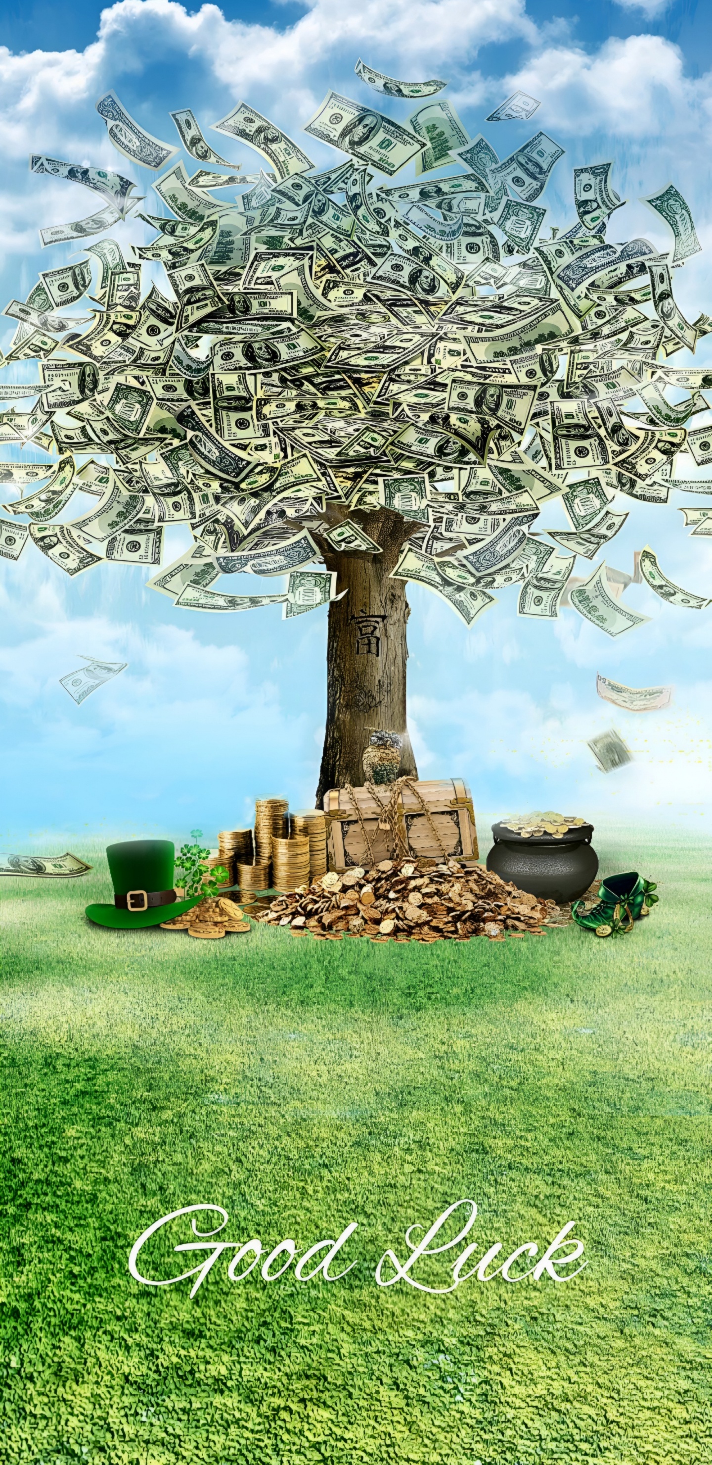 Обои дерево, золото, деньги, удача, мотивация в разрешении 1440x2960