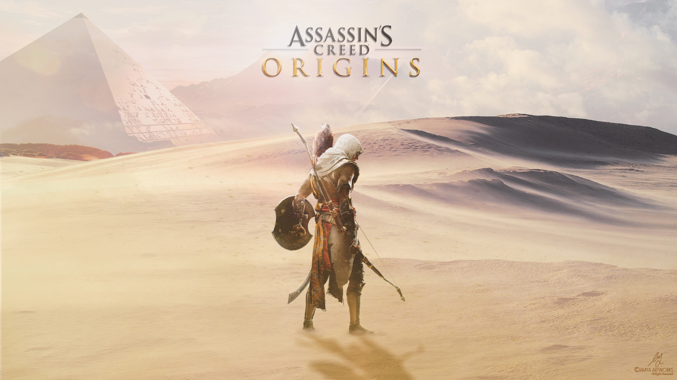 Обои assassins creed origins, ubisoft, пустыня, пейзаж, эолийские рельефы в разрешении 1366x768