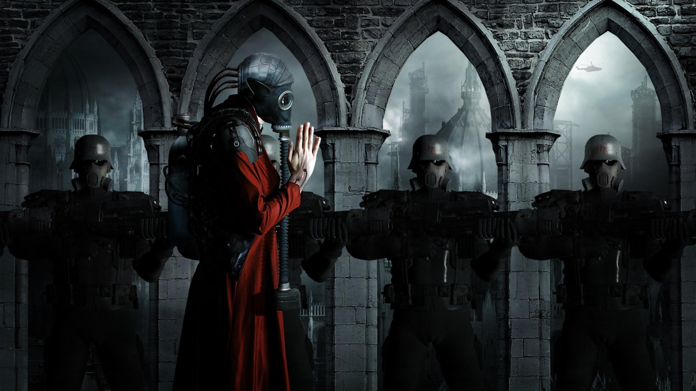 Обои противогаз, темнота, маска, Научная фантастика, газ в разрешении 1366x768