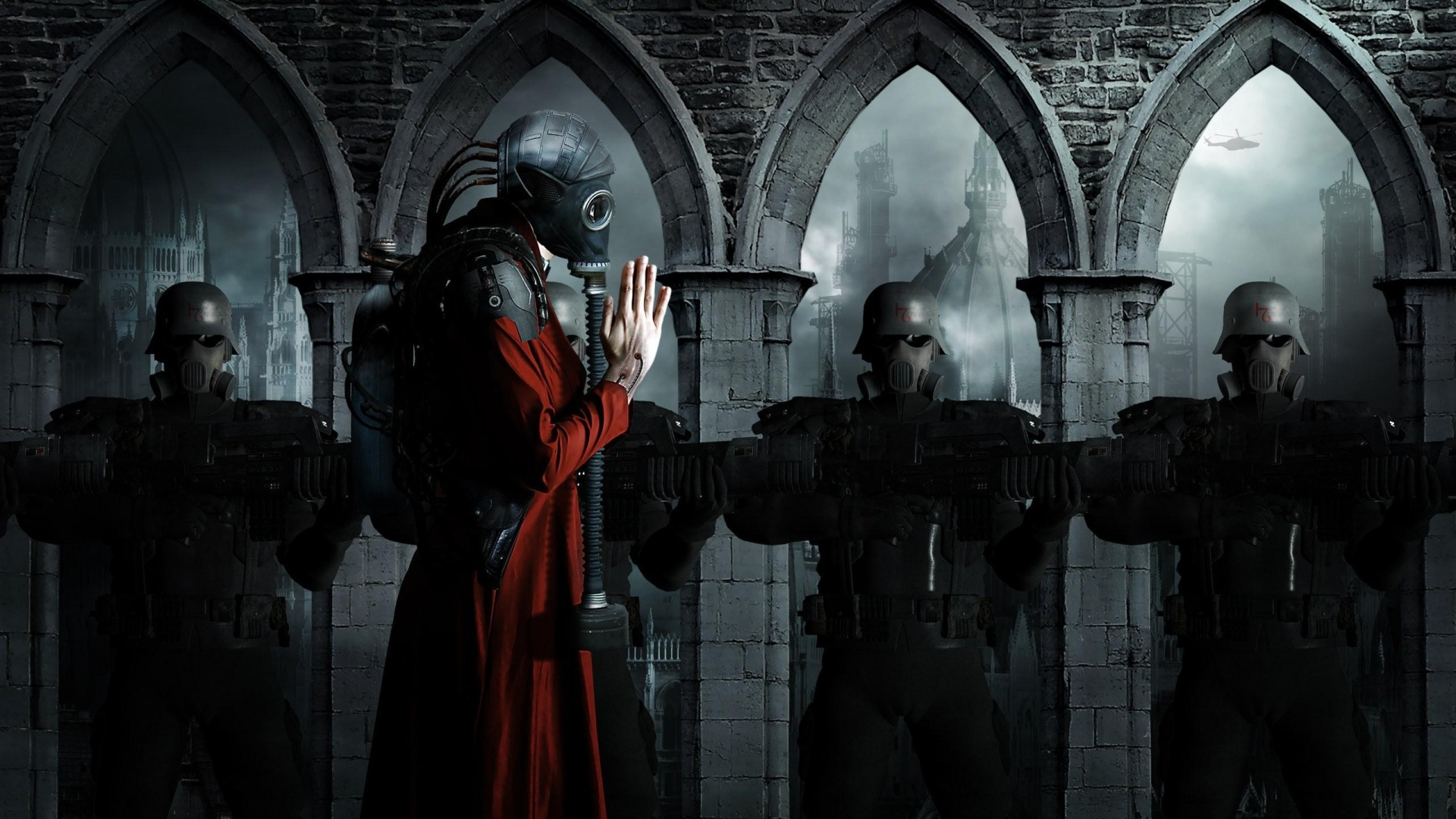 Обои противогаз, темнота, маска, Научная фантастика, газ в разрешении 1920x1080