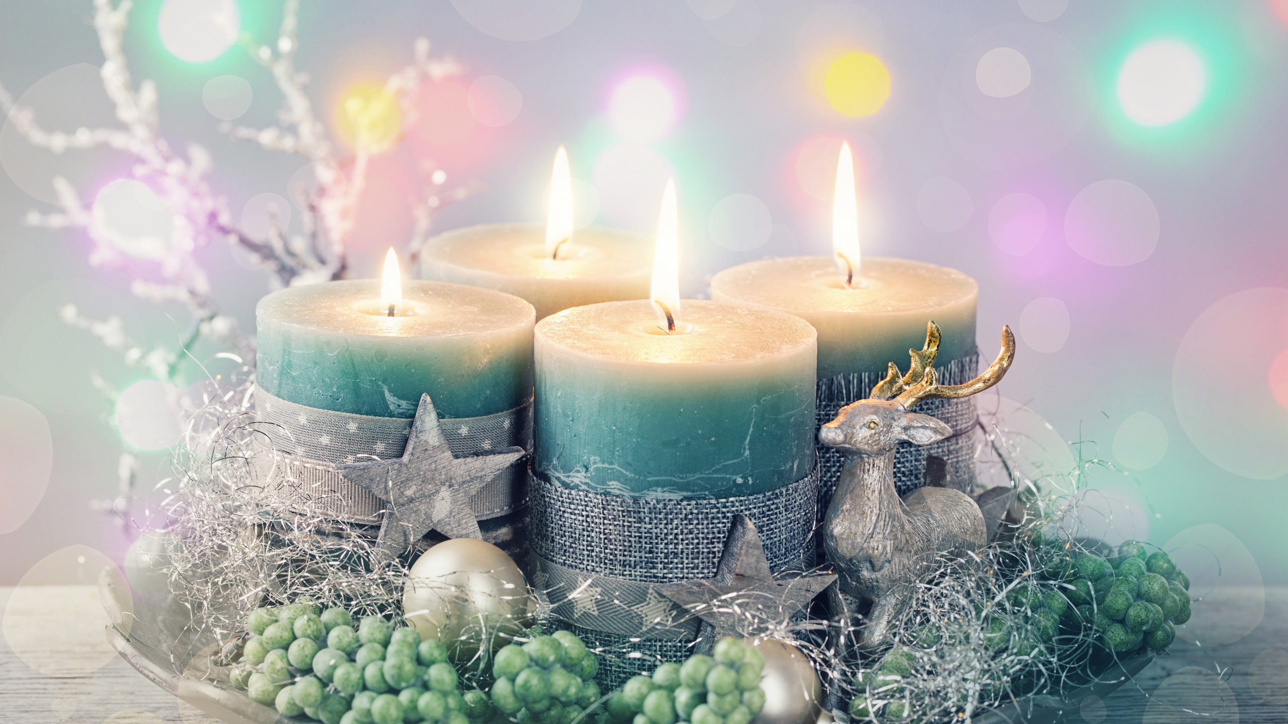Обои свеча, Рождественский день, Новый год, освещение, натюрморт в разрешении 2560x1440