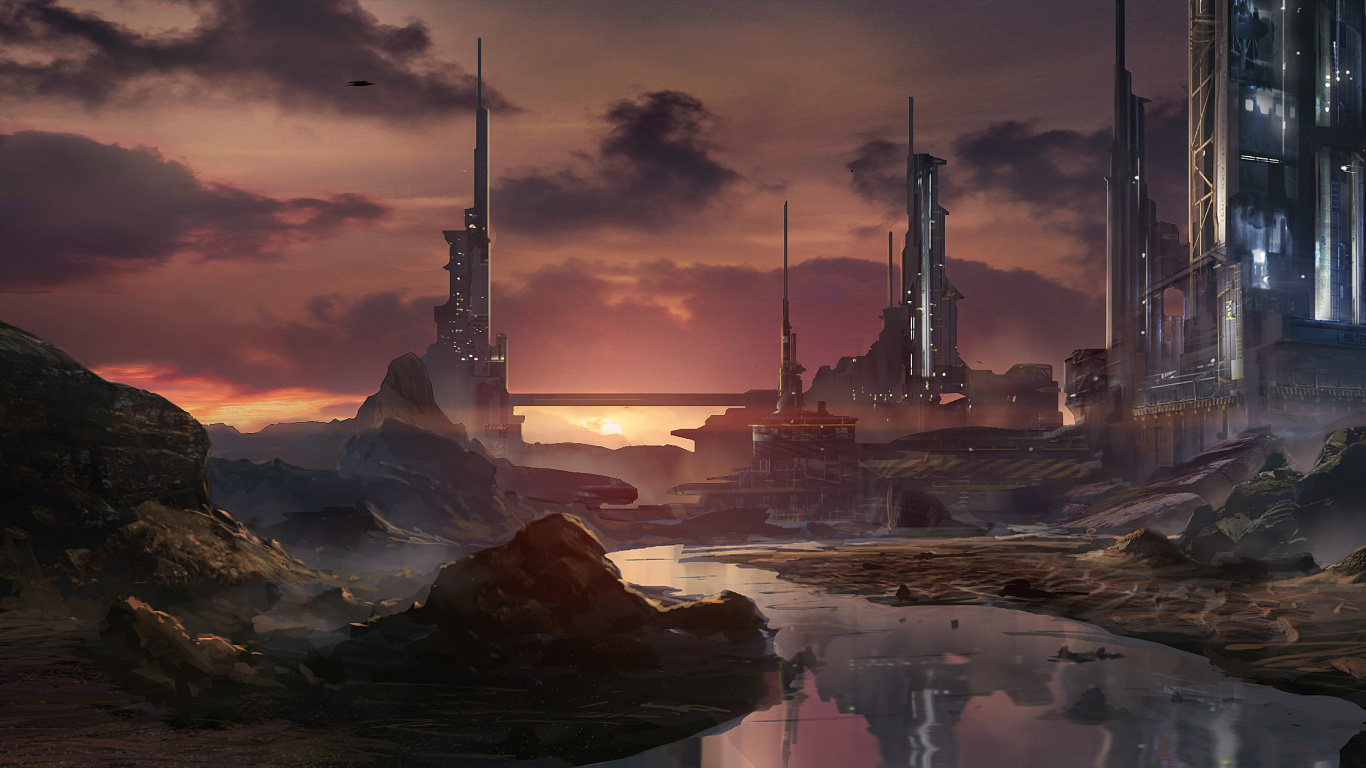 Обои Научная фантастика, арт, будущее, живопись, пейзаж в разрешении 1366x768