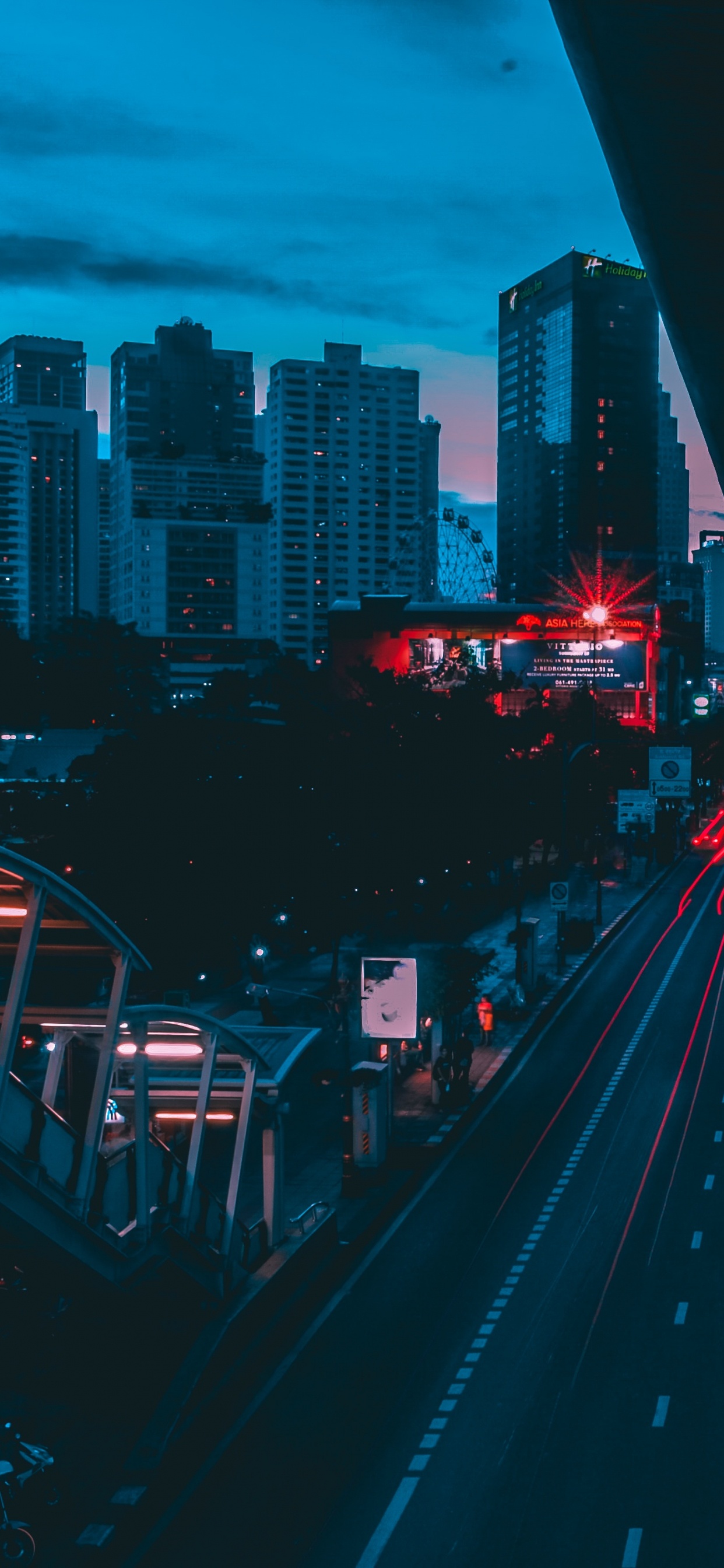 Обои синий, городской район, город, красный цвет, ночь в разрешении 1242x2688