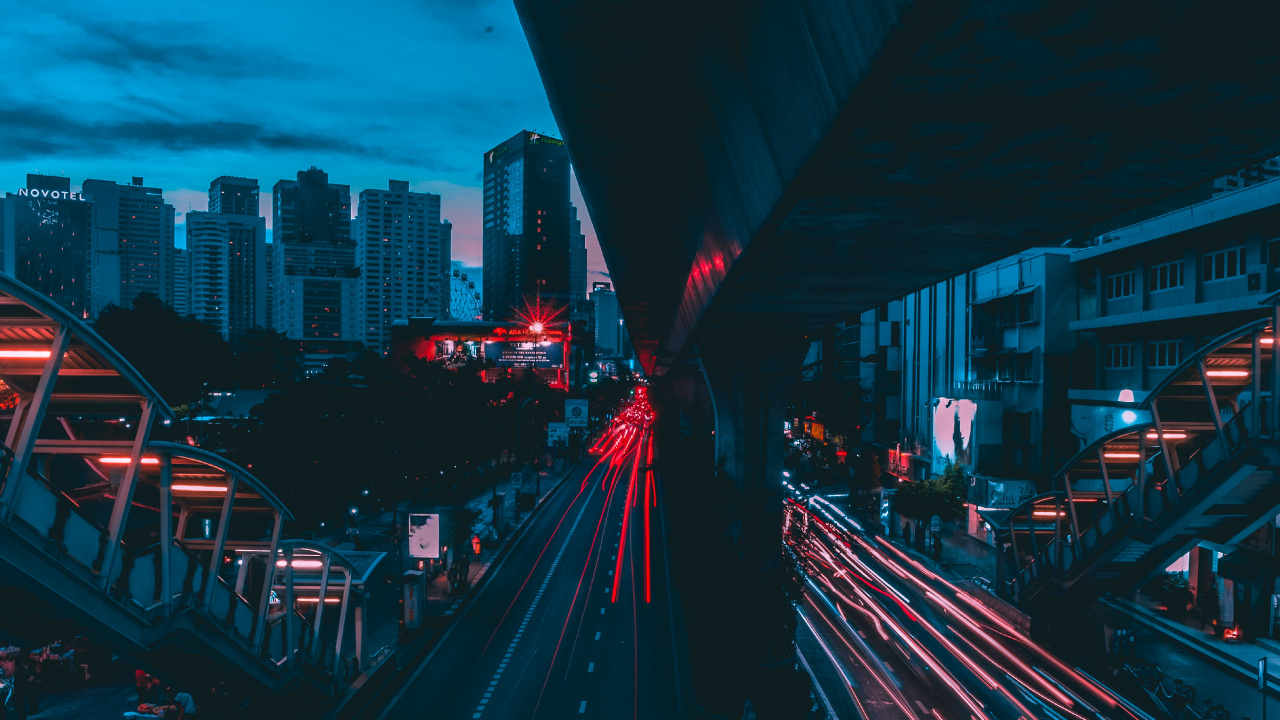 Обои синий, городской район, город, красный цвет, ночь в разрешении 1280x720