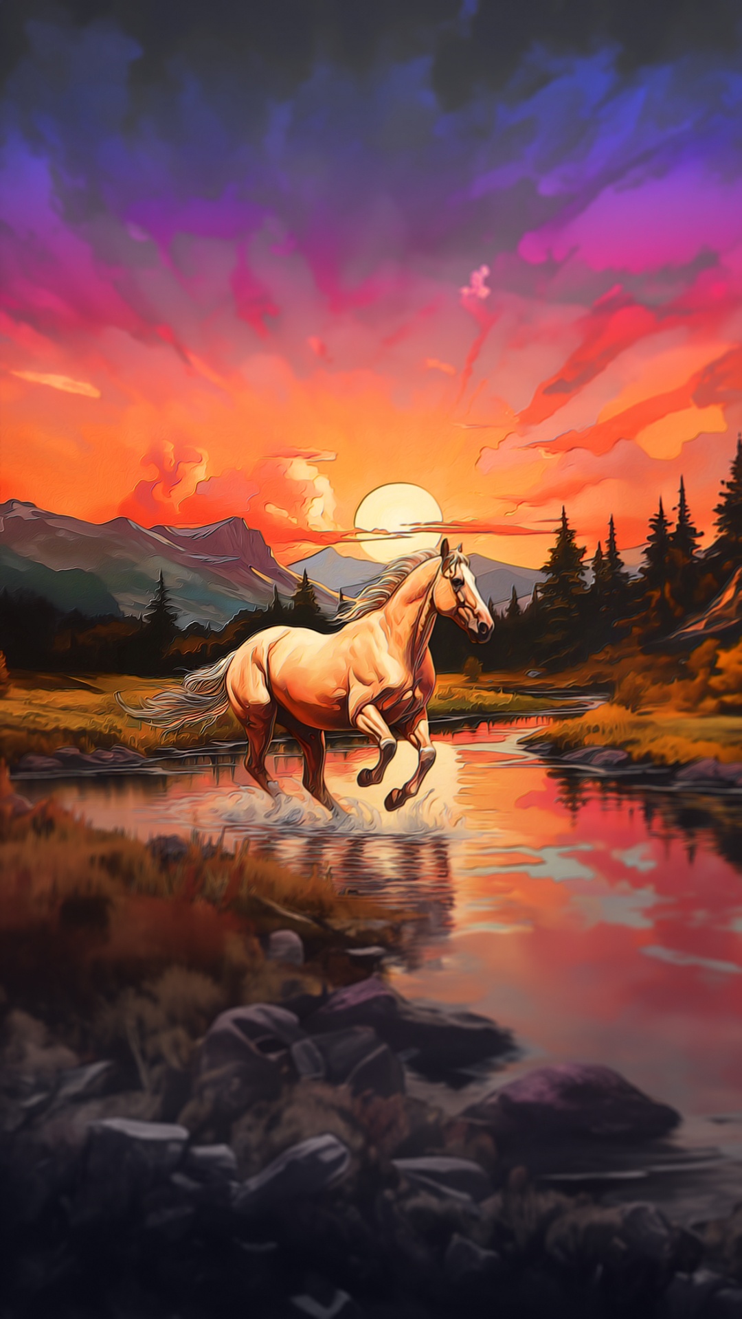 Обои гнедая лошадь, Мустанг, живопись, паломино, конь в разрешении 1080x1920