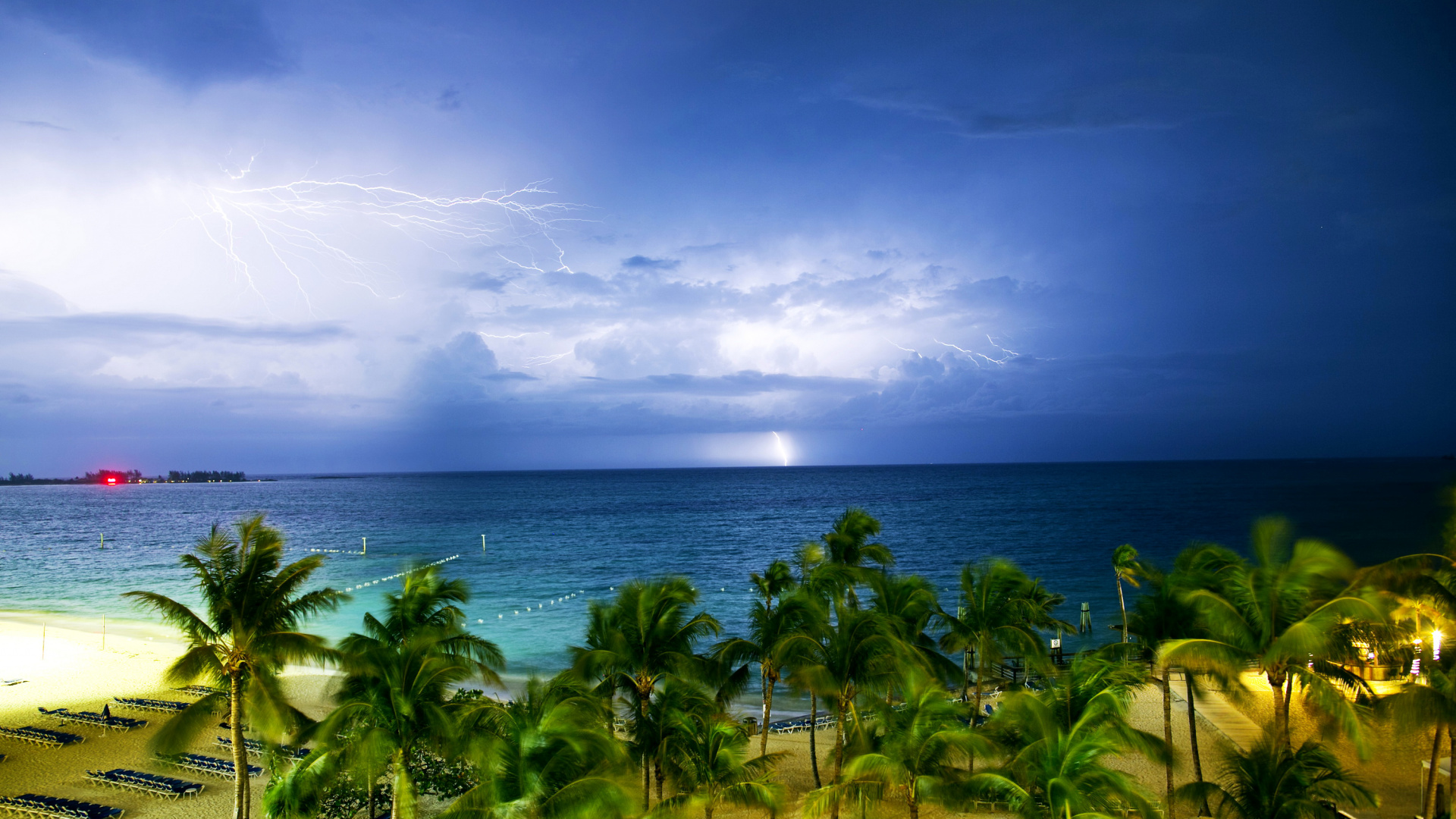 Обои небо, океан, пальмовые рощи, закат, берег в разрешении 1920x1080