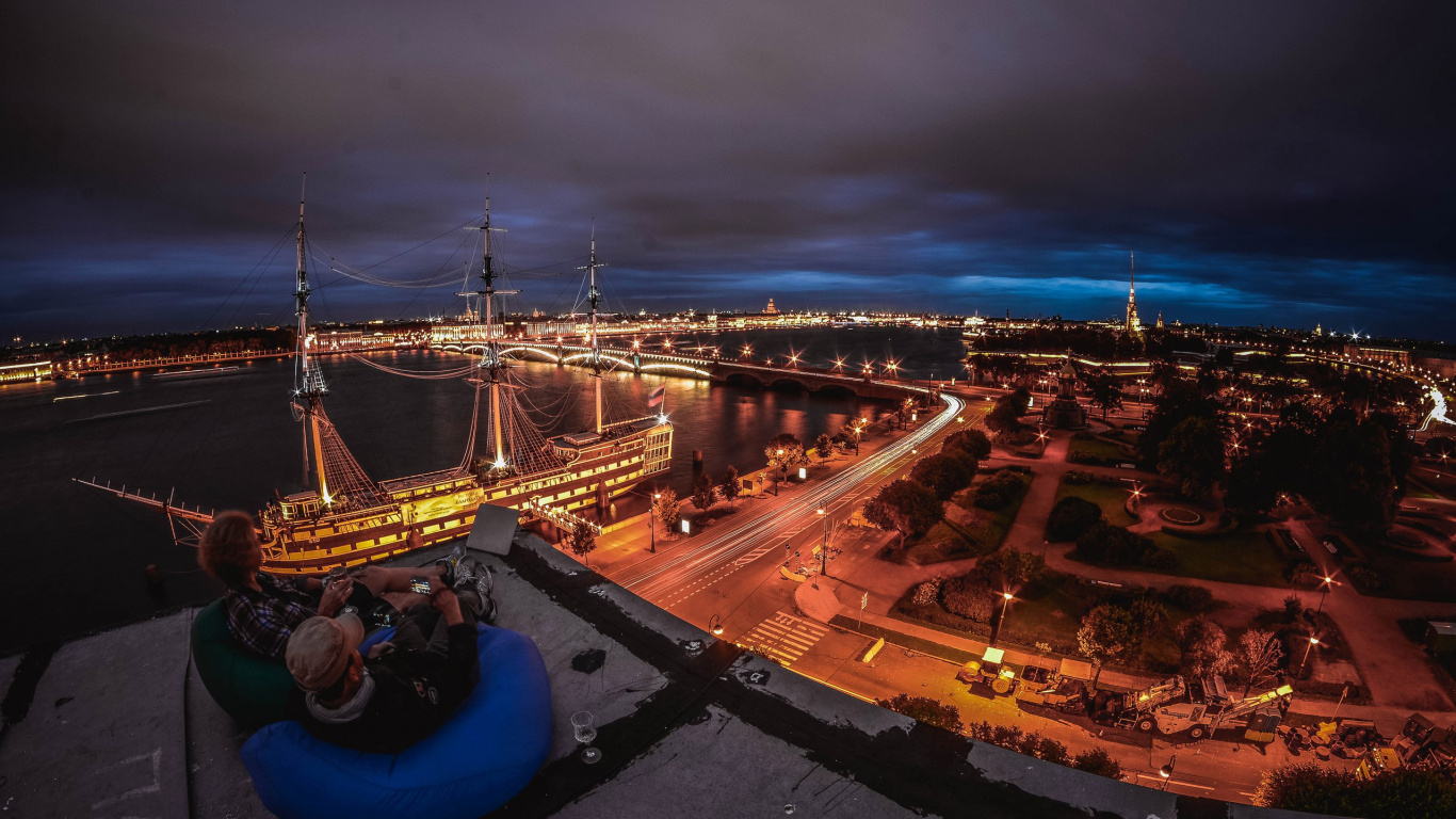 Обои ночь, город, вечер, горизонт, линия горизонта в разрешении 1366x768