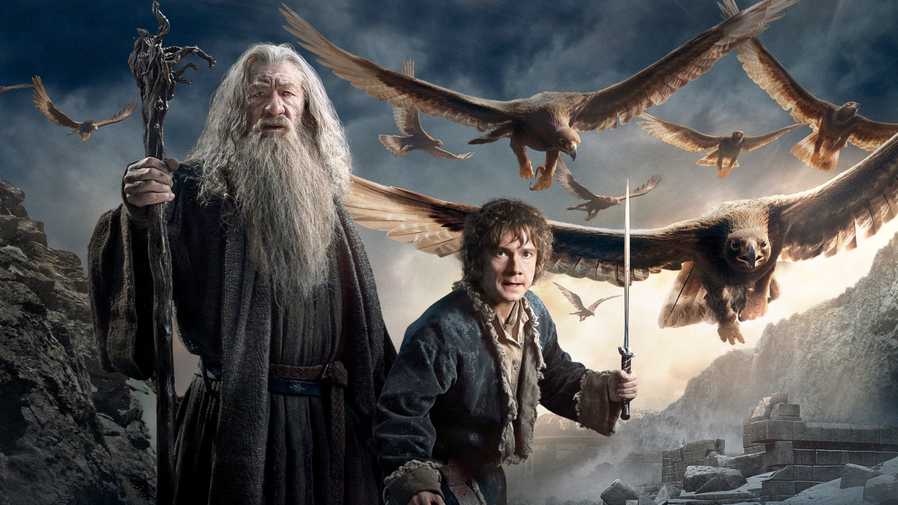 Обои Бильбо Бэггинс, гендальф, Хоббит, темнота, Торин дубощит в разрешении 1280x720