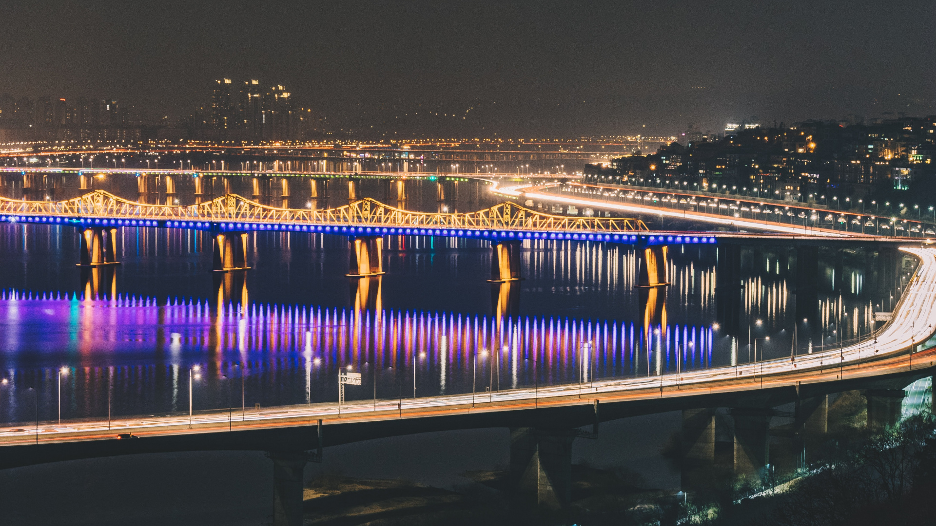 Обои мост, дорога, ночь, свет, путепровод в разрешении 1920x1080