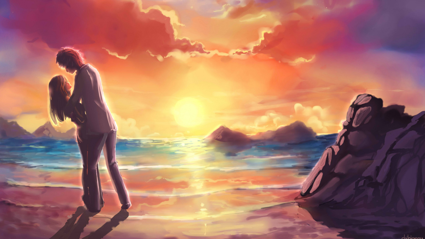 Обои цифровое искусство, Люди в природе, роман, горизонт, облако в разрешении 1366x768