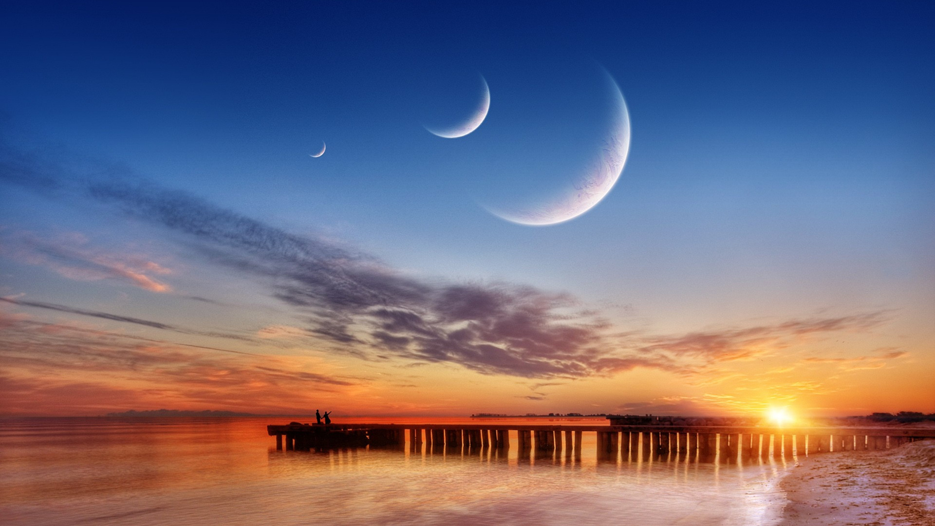 Обои луна, естественный спутник, закат, природа, горизонт в разрешении 1920x1080