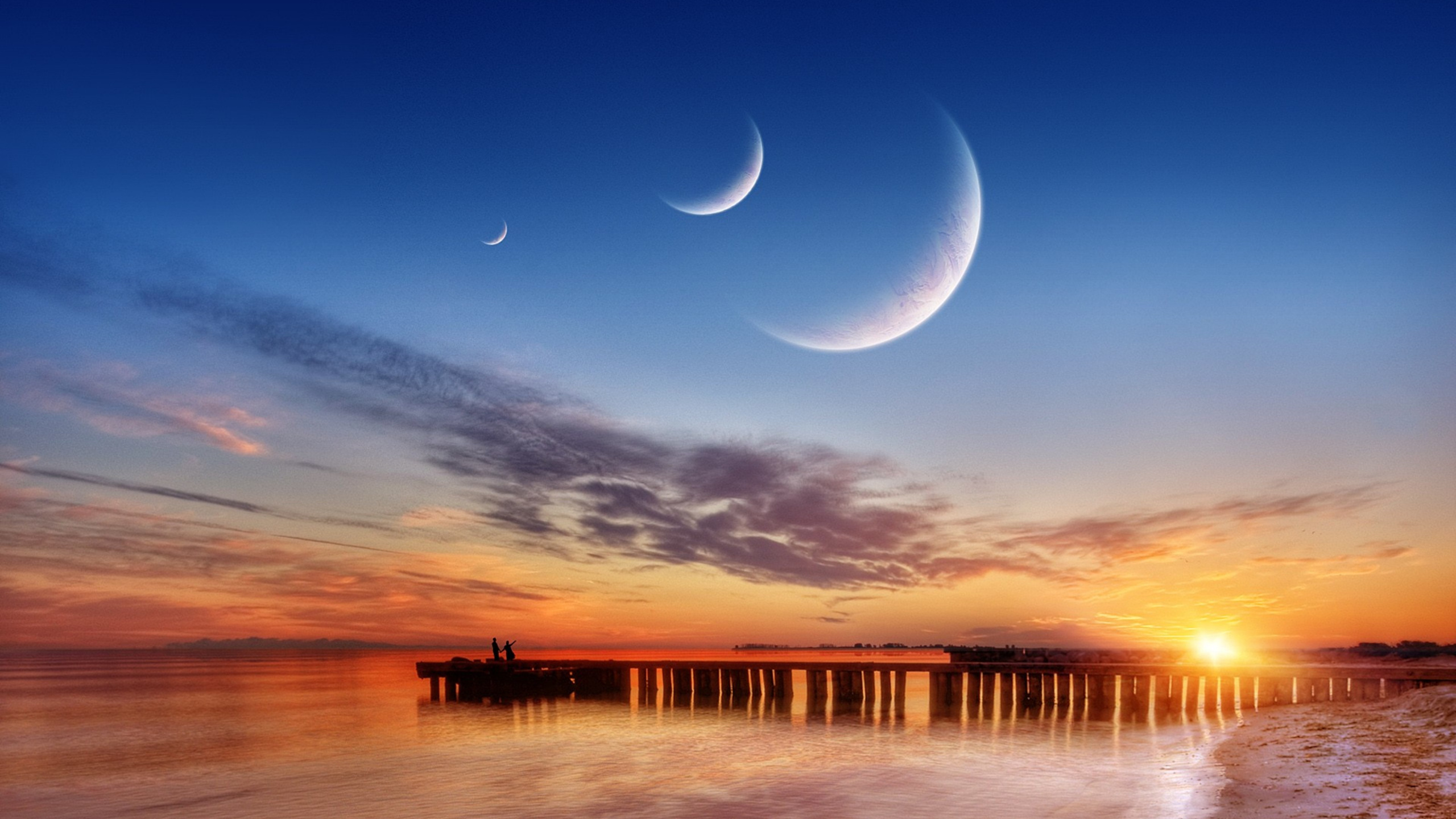 Обои луна, естественный спутник, закат, природа, горизонт в разрешении 2560x1440