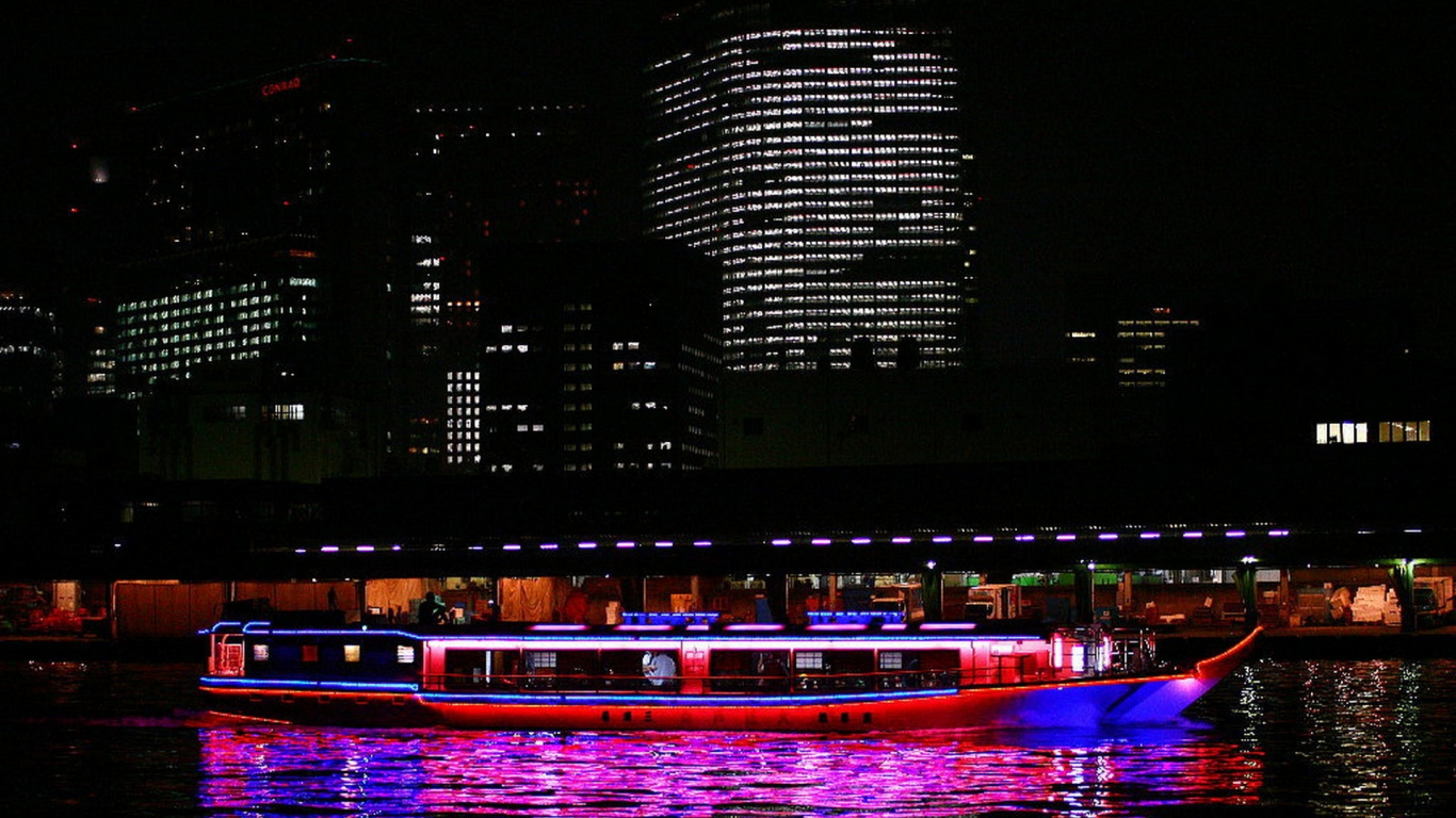 Обои Япония, ночь, город, городской пейзаж, отражение в разрешении 1366x768