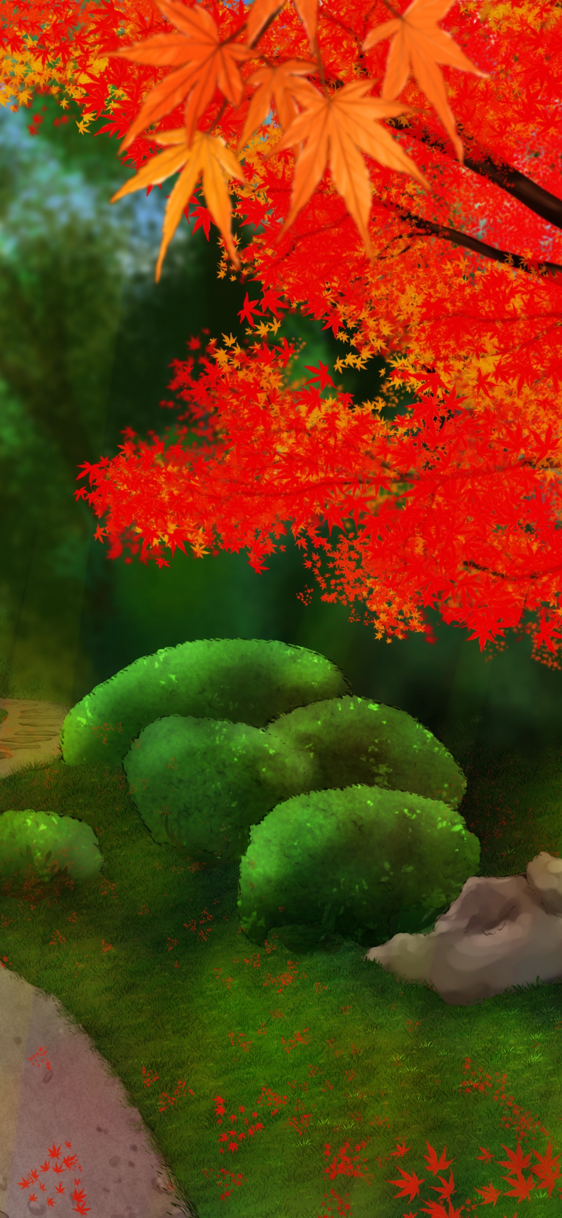 Обои анимация, аниме, растение, зеленый, природный ландшафт в разрешении 1125x2436