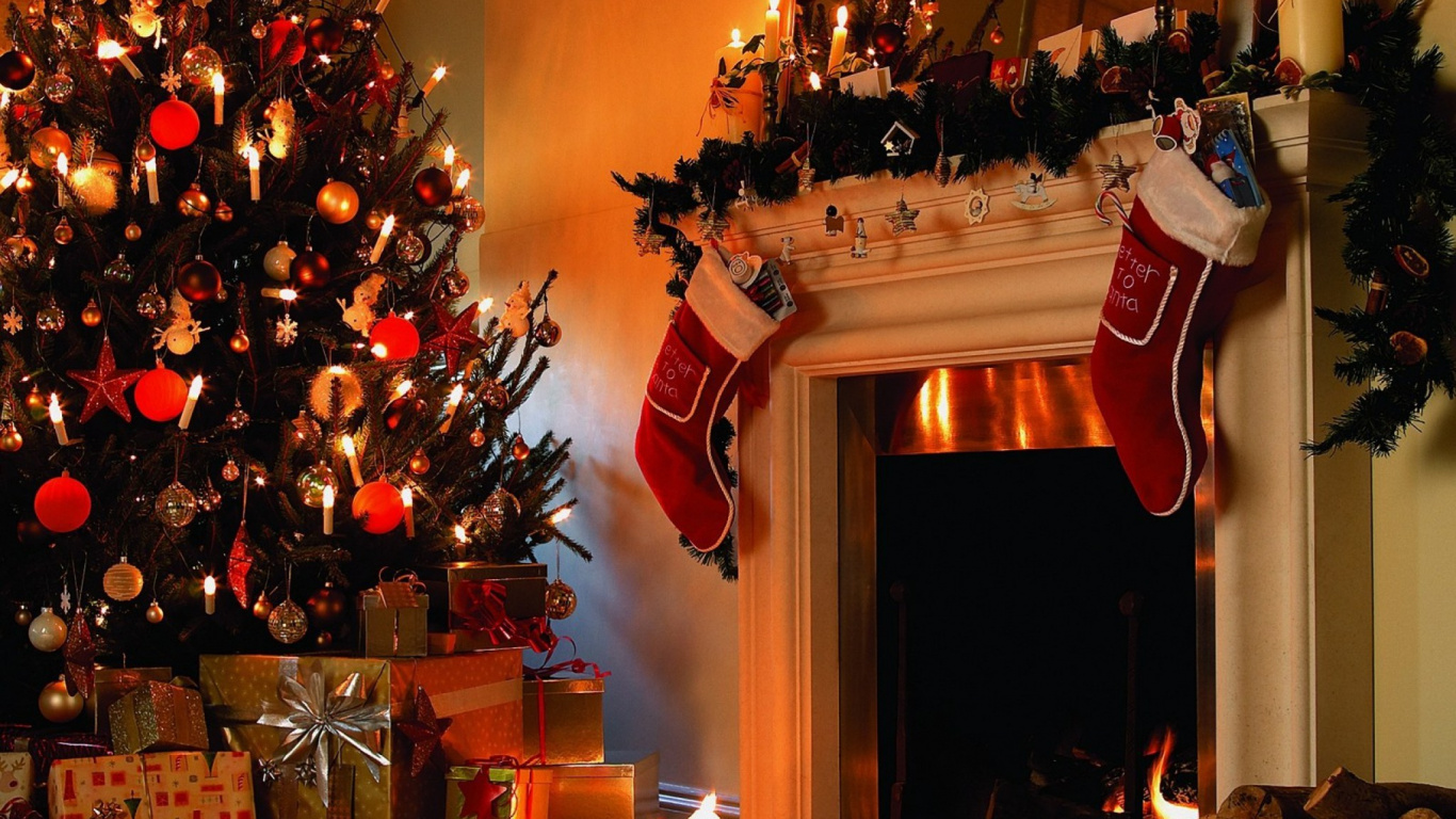 Обои елка, Рождественский день, Рождественские украшения, Рождество, камин в разрешении 1366x768