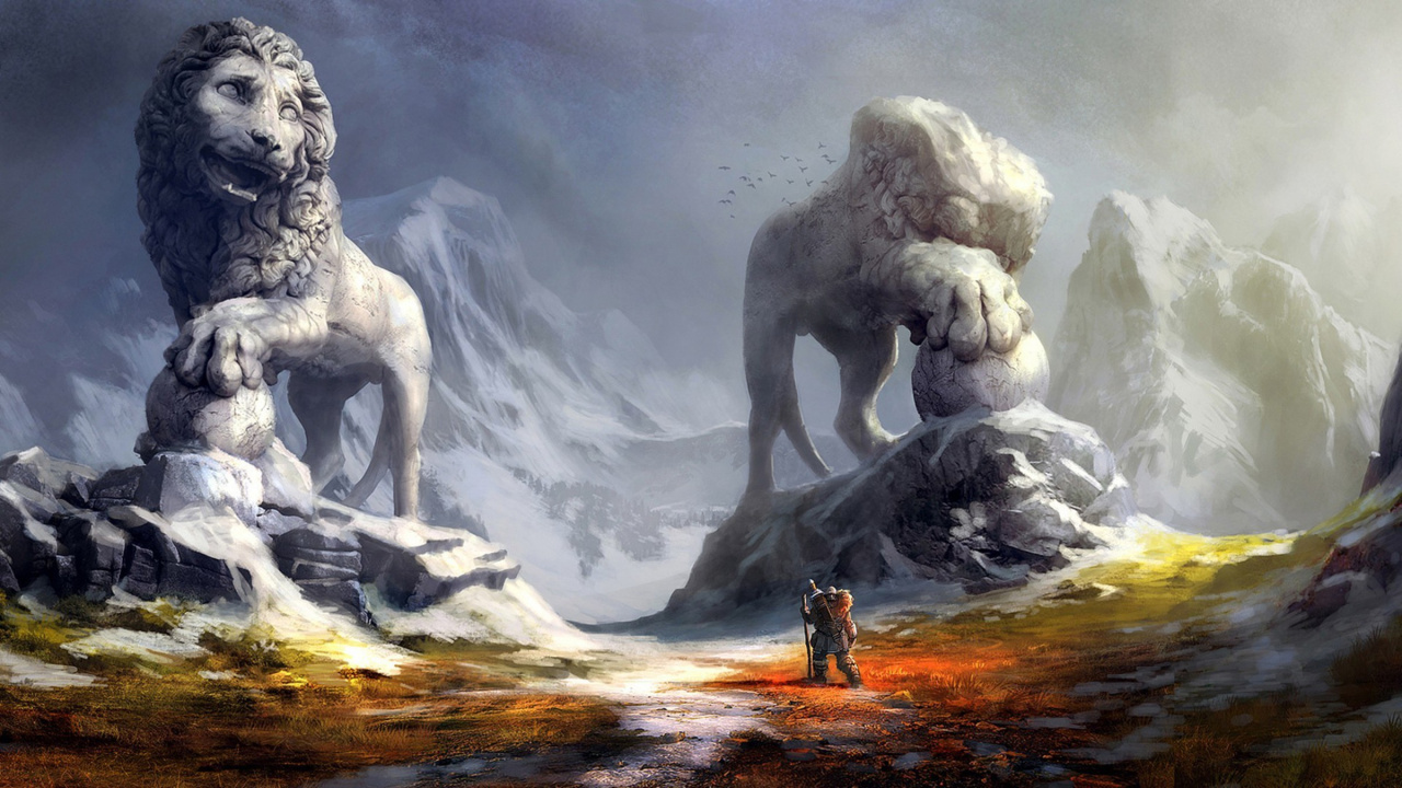 Обои Лев, цифровое искусство, статуя, фэнтези, арт в разрешении 1280x720