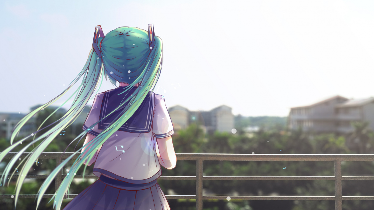 Обои Хацунэ Мику, вокалоид, Мику, длинные волосы, костюм в разрешении 1280x720