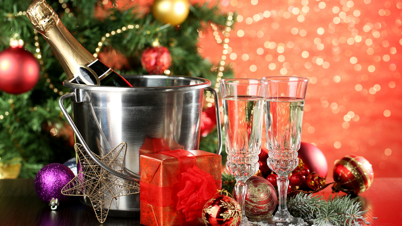 Обои шампанское, Новый год, рождественский орнамент, Рождественские украшения, Рождество в разрешении 1280x720