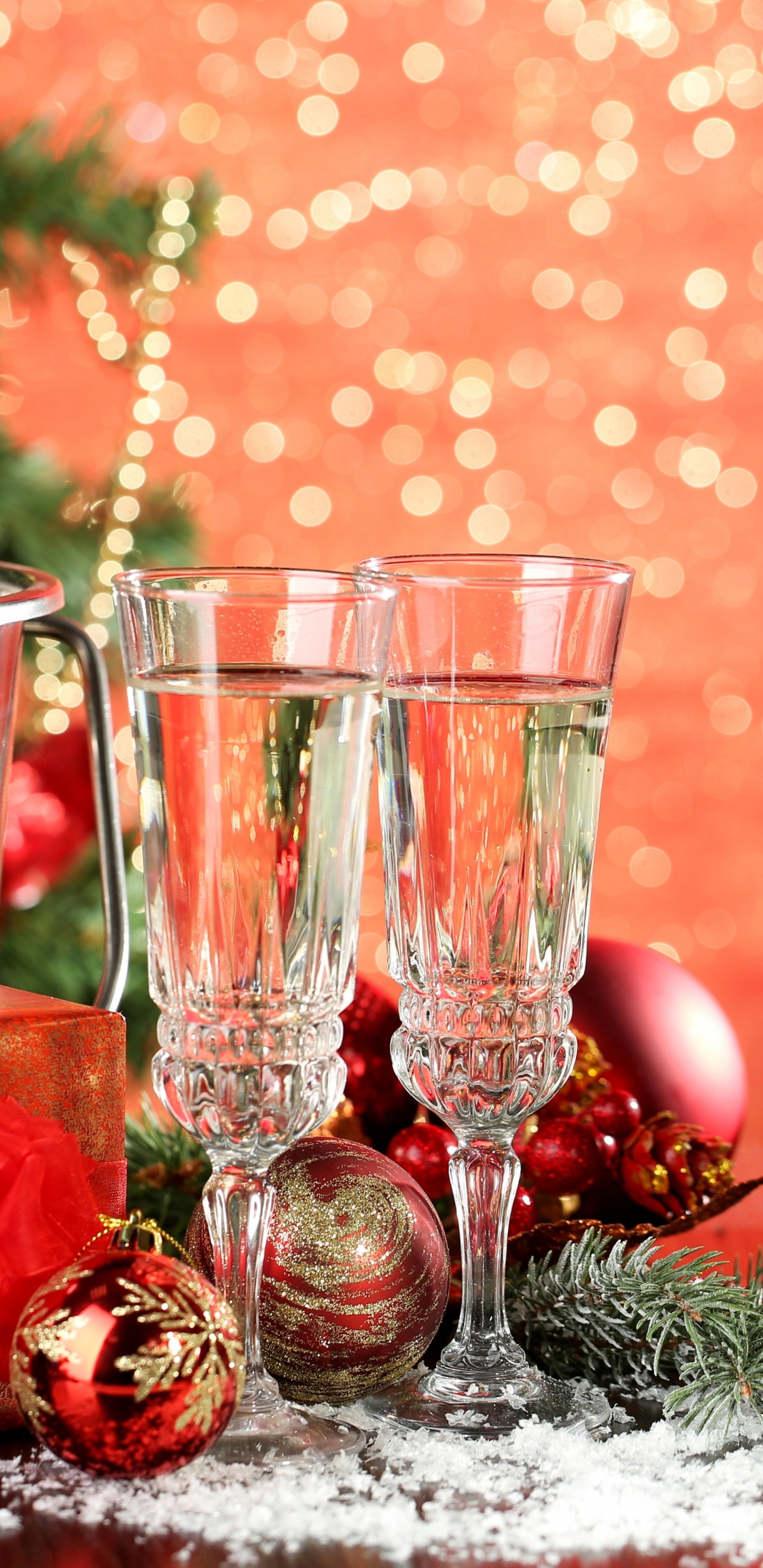 Обои шампанское, Новый год, рождественский орнамент, Рождественские украшения, Рождество в разрешении 1440x2960