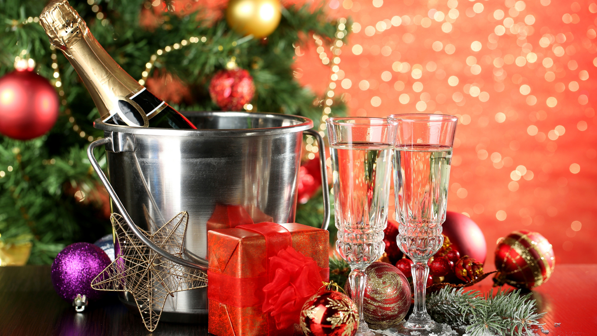 Обои шампанское, Новый год, рождественский орнамент, Рождественские украшения, Рождество в разрешении 1920x1080