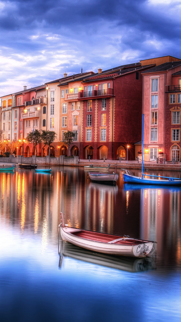 Обои отражение, вода, водный путь, синий, городок в разрешении 750x1334