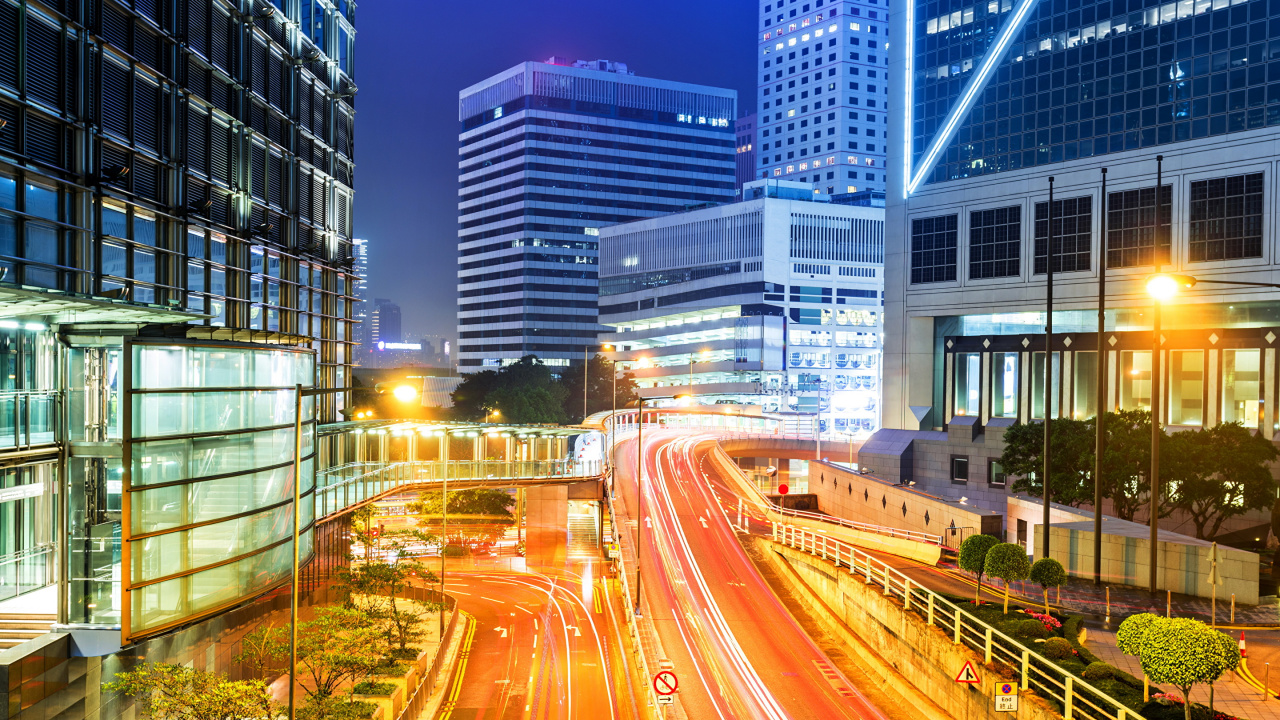 Обои Гонконг, городской пейзаж, ночь, городской район, город в разрешении 1280x720