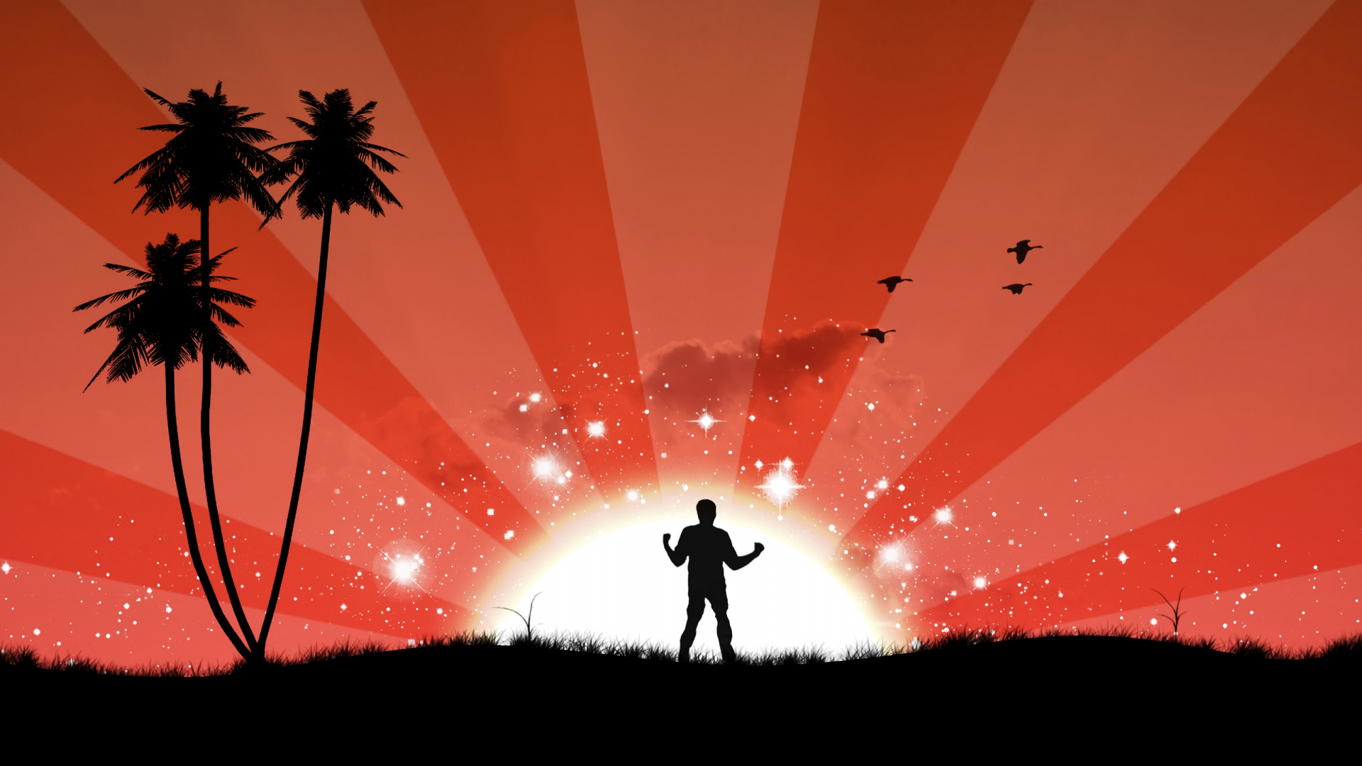 Обои пейзаж, восход солнца, дерево, закат, красный цвет в разрешении 1920x1080