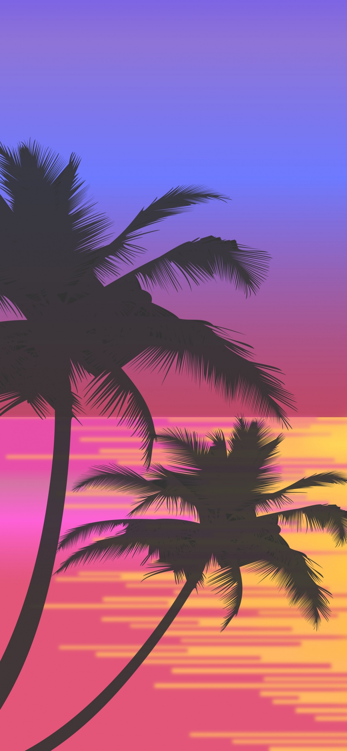 Обои векторная графика, дерево, закат, Пальма, восход солнца в разрешении 1125x2436