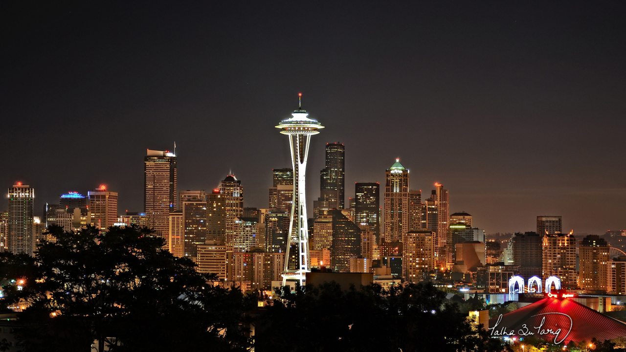 Обои Сиэтл, космическая игла, город, городской пейзаж, ночь в разрешении 1280x720