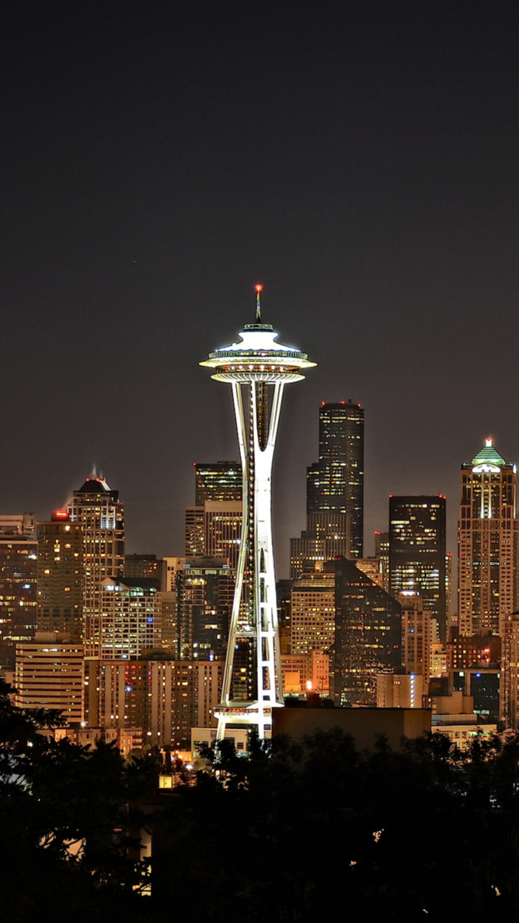 Обои Сиэтл, космическая игла, город, городской пейзаж, ночь в разрешении 750x1334