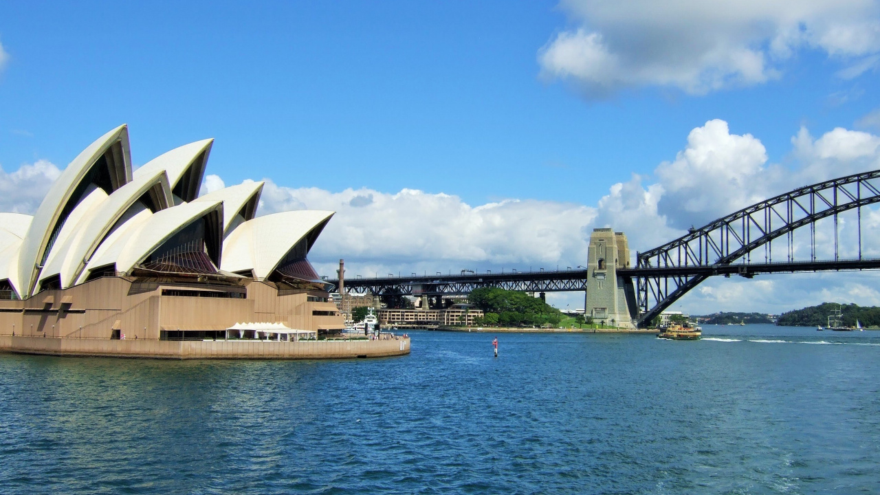 Обои сиднейский оперный театр, мост Харбор Бридж, путешествие, туризм, достопримечательность в разрешении 1280x720
