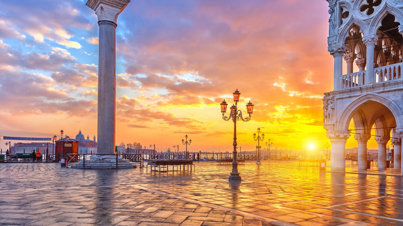 Обои ориентир, закат, вечер, отражение, площадь Сан Марко в разрешении 1280x720