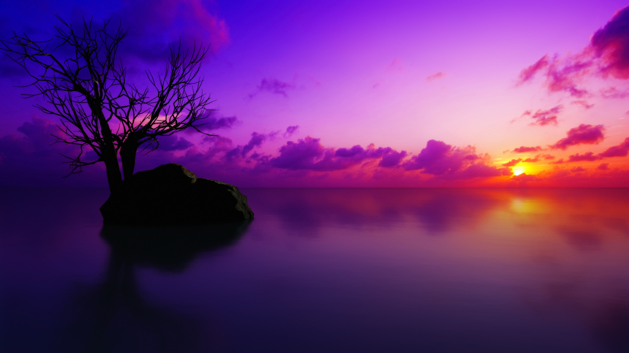 Обои закат, природа, природный ландшафт, Фиолетовый, пурпур в разрешении 1280x720