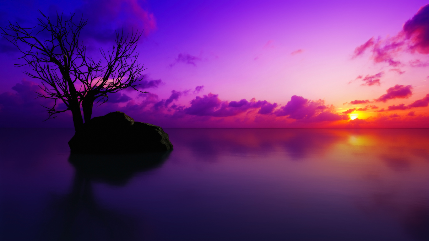 Обои закат, природа, природный ландшафт, Фиолетовый, пурпур в разрешении 1366x768
