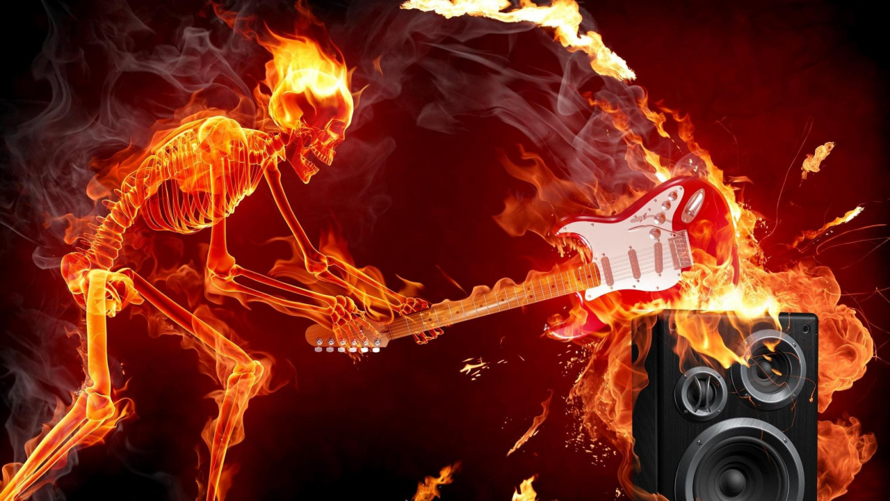 Обои гитара, пламя, тепло, огонь, графика в разрешении 1280x720