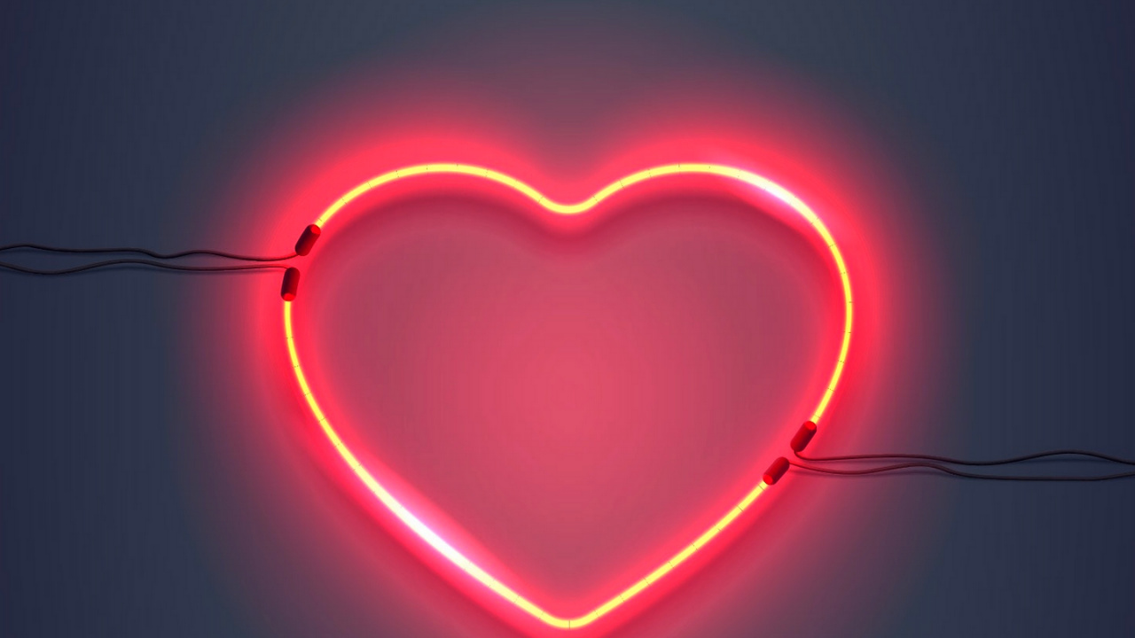 Обои красное неоновое сердце, неоновое освещение, неоновая вывеска, неон, крылья ангела неоновая вывеска в разрешении 1280x720