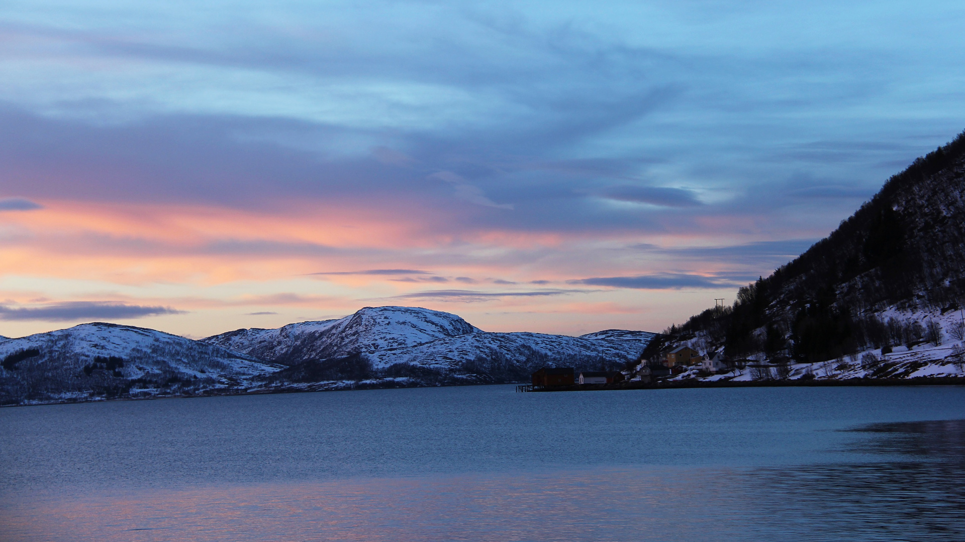 Обои закат, фьорд, горный хребет, природа, гора в разрешении 1920x1080