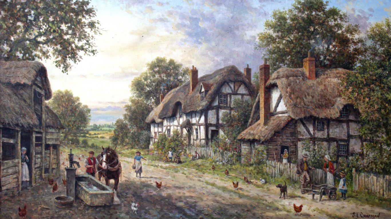 Обои коттедж, Хаус, деревня, живопись, сельский район в разрешении 1366x768