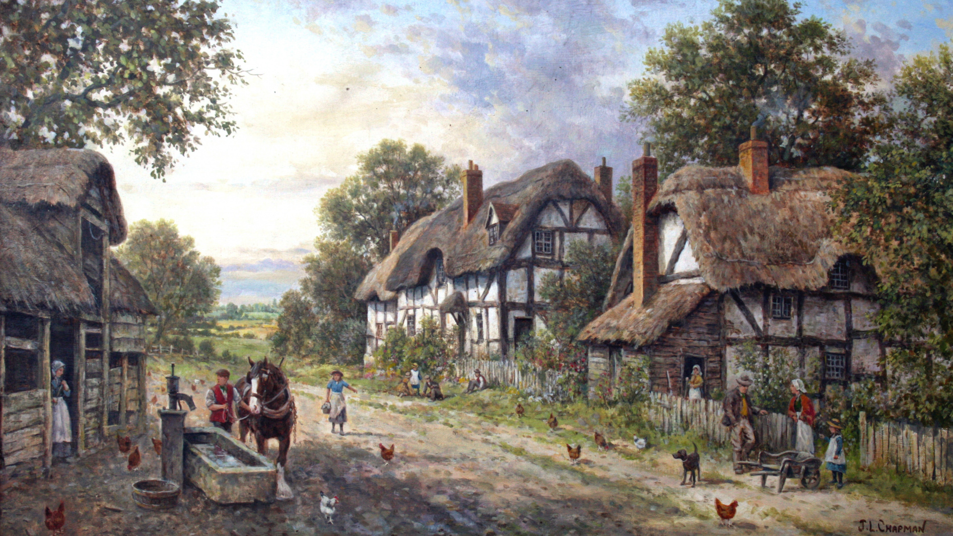 Обои коттедж, Хаус, деревня, живопись, сельский район в разрешении 1920x1080