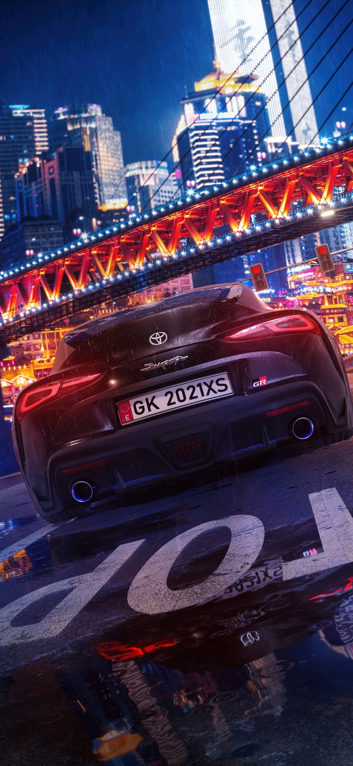 Обои отражение, легковые автомобили, Toyota Supra, шина, здание в разрешении 1125x2436