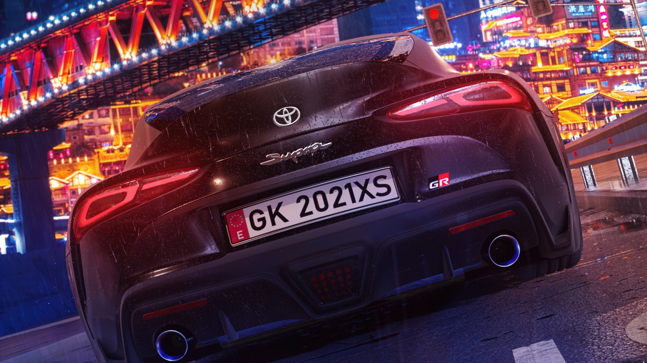 Обои отражение, легковые автомобили, Toyota Supra, шина, здание в разрешении 1280x720