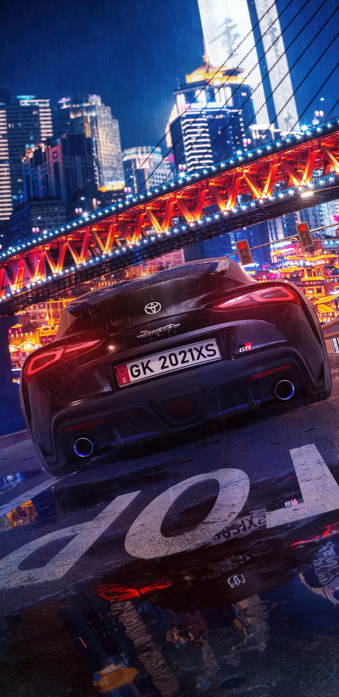 Обои отражение, легковые автомобили, Toyota Supra, шина, здание в разрешении 1440x2960