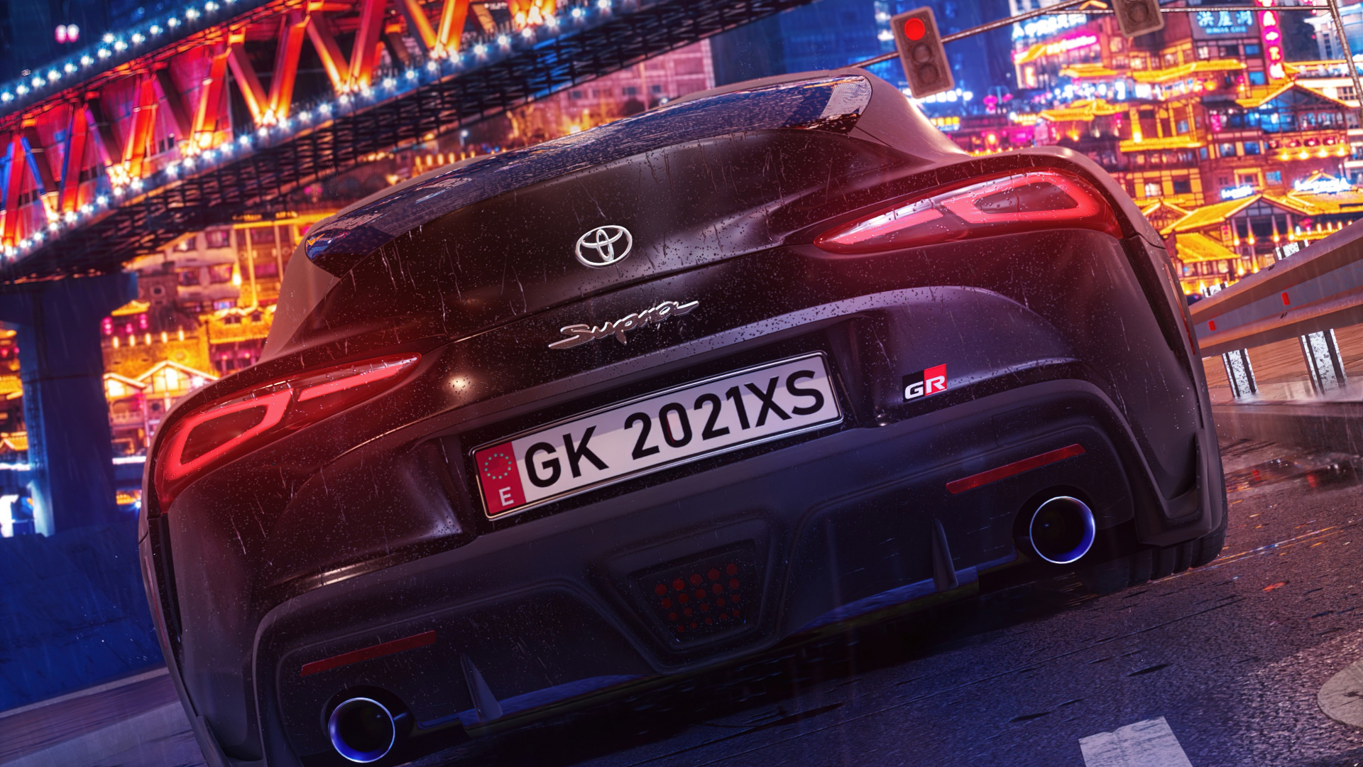 Обои отражение, легковые автомобили, Toyota Supra, шина, здание в разрешении 1920x1080