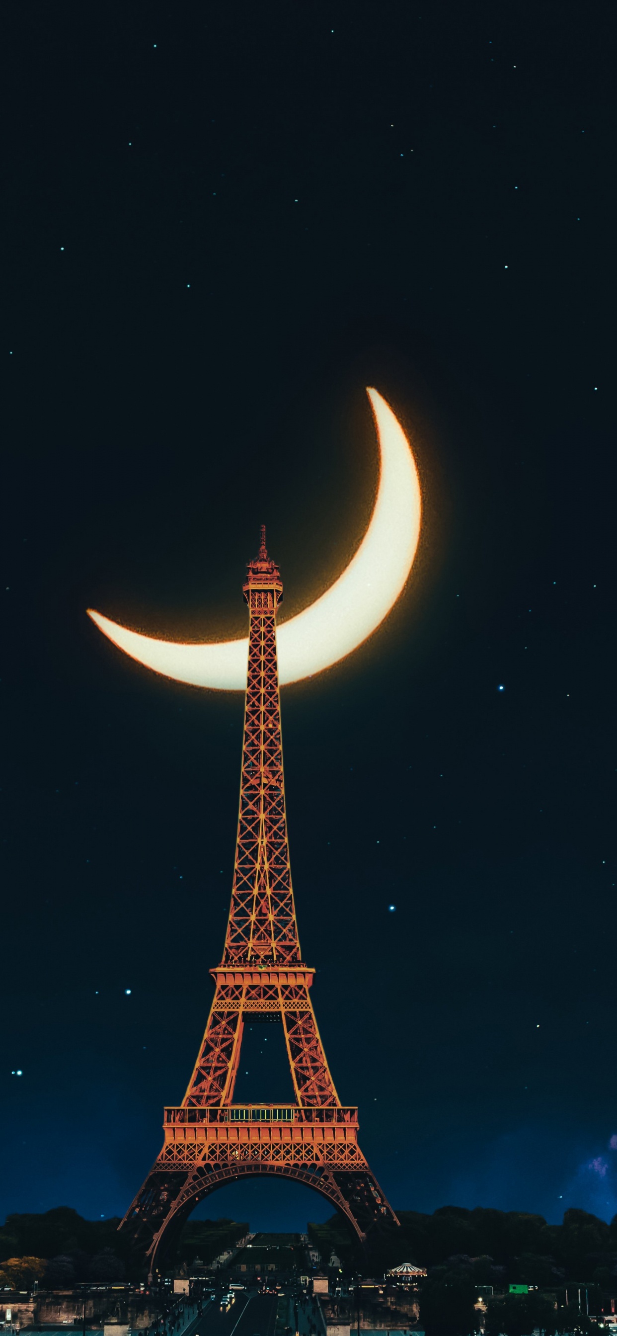 Обои Сады Трокадеро, Эйфелева башня, атмосфера, луна, свет в разрешении 1242x2688