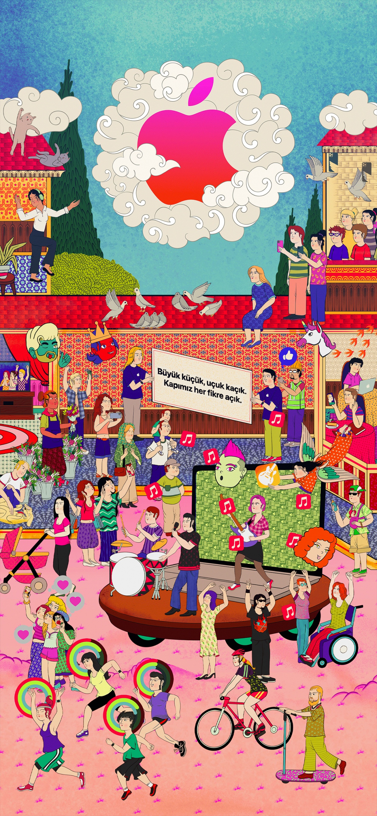 Обои яблочная улица, залитый проспект, яблоко, розовый, арт в разрешении 1242x2688