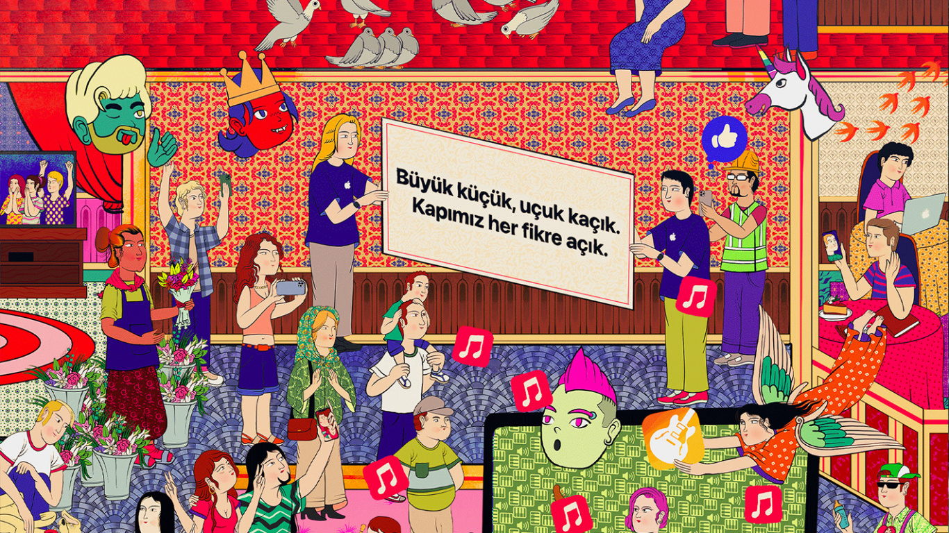 Обои яблочная улица, залитый проспект, яблоко, розовый, арт в разрешении 1366x768